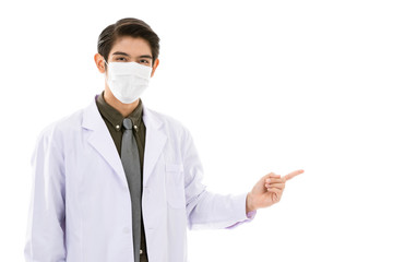 Young Asian man in lab coat in white background