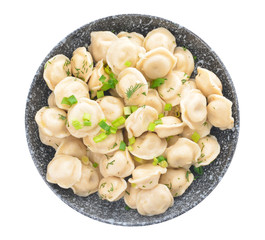 Plate with tasty dumplings on white background