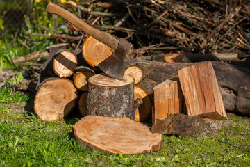 Firewood with an ax in a clearing with green grass
