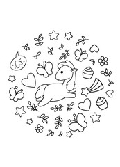 Coloring pages, black and white cute kawaii hand drawn horse doodles, circle print