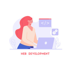 Woman developing mobile or web product. Web development. Concept of app development, UI interface, designing and programming. Vector illustration for UI, mobile app