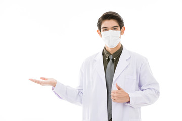 Young Asian man in lab coat in white background