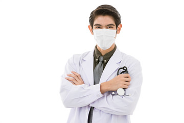 Young Asian man in lab coat in white background