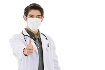 Young Asian man in lab coat in white background