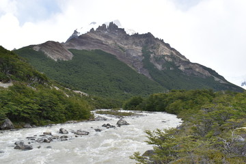 Fototapeta na wymiar Hiking Trail to beautiful Laguna Torre with big grey mountains in Patagonia, Argentina in South America
