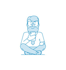 Smiling man browses the message on a smartphone, sitting on the floor with legs crossed. Social Networking Concept or online chat . Man with a beard and glasses. Illustration in line art style Vector