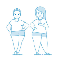 Fat girls in sportswear makes selfie. A young woman is unhappy with her body. The process of obesity. Fat people have problems. Illustration in line art style. Vector