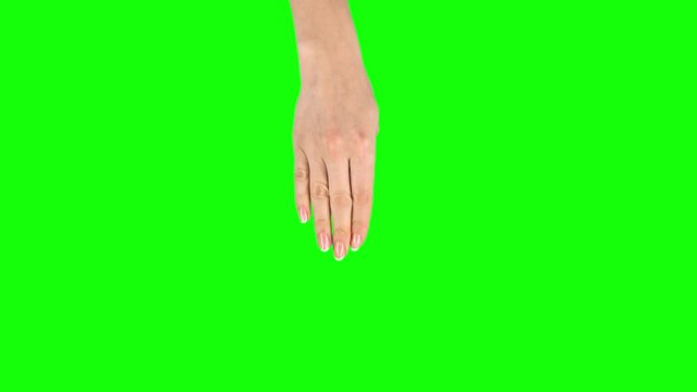 Female hand performing 3x single tap and double tap tablet screen gesture on green screen. Close up