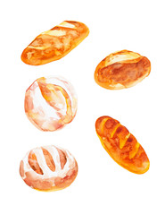 Watercolor illustration of various rolls and bread. Isolated on a white background
