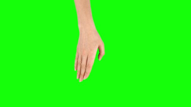 Female hand performing 3x swipe down at tablet screen gesture on green screen. Close up