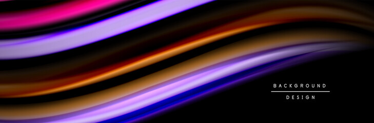 Silk and smooth flow wave poster design. Color waves, liquid style lines and shapes in black color background
