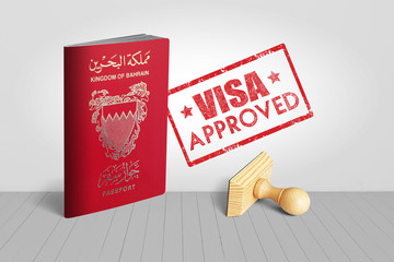 Bahrain Passport with Visa Approved Wooden Stamp for Travel - 3D Illustration