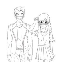 young couple using face masks anime characters