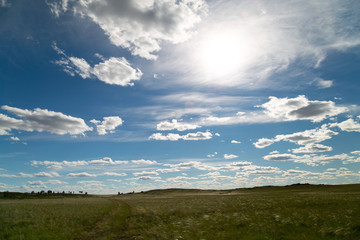 Fototapeta na wymiar blue sky with Cumulus clouds, field (steppe)