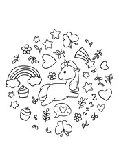 Coloring pages, black and white cute kawaii hand drawn unicorn doodles, circle print