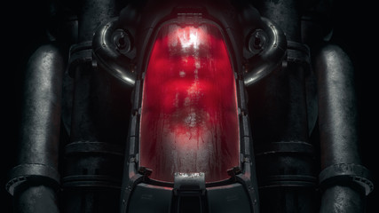 Cryogenic hibernation capsule with human body inside illuminated with red light. Science fiction cryonics technology for humans. Cryo chamber. Cryopod with misted glass in night scene. 3d illustration © roman3d