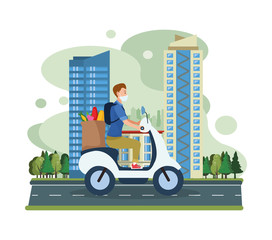 man in motorcycle using face mask transport groceries