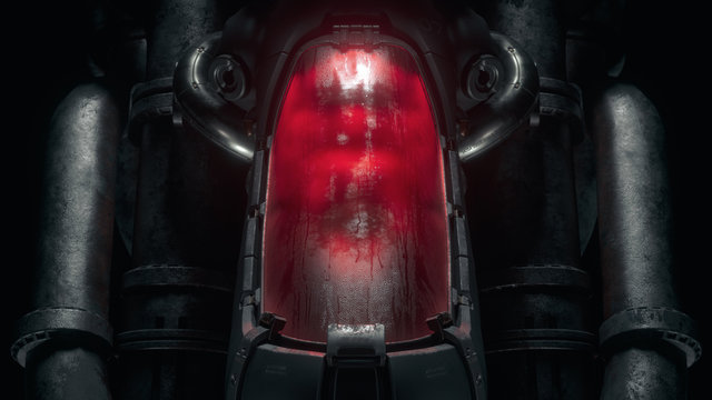 Cryogenic hibernation capsule with human body inside illuminated with red light. Science fiction cryonics technology for humans. Cryo chamber. Cryopod with misted glass in night scene. 3d illustration