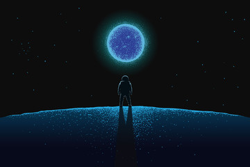 Astronaut on the new planet looks to blue star © Galacticus