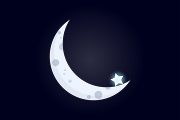 Fototapeta na wymiar Crescent with a star. Part of the moon against the backdrop of cosmic void with a single star at its edge. Simple flat illustration. Vector.