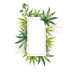 Watercolor illustration. Vertical rectangular frame with hemp leaves. In the center is a space for text.