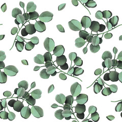 Green leaves eucalyptus populus seamless pattern isolated on white backdrop. Plant flower pattern. Garden texture. Floral illustration. 3d render with watercolor painting of eucalyptus branches leaves