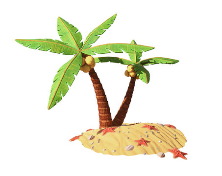 Palm trees with coconuts on the sand with red starfish, seashells and small pebbles. Lonely tropical island. Beautiful island. Concept art of summer relaxation. 3d render isolated on white background