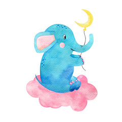 Watercolor cute blue elephant on a pink cloud. Birthday children animal decoration kid illustration.