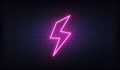 Lightning bolt neon sign. Neon lightning, thunder and electricity - obrazy, fototapety, plakaty