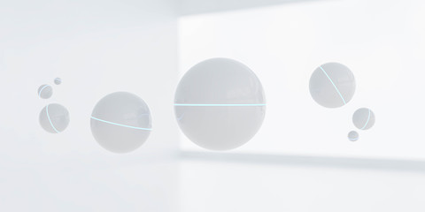 White modern futuristic glossy abstract hovering geometric sphere blue lighting ring in the middle white background 3d illustration render