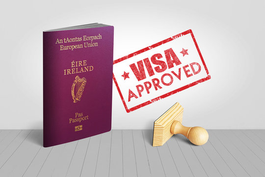 Ireland Passport With Visa Approved Wooden Stamp For Travel - 3D Illustration