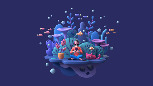 Young woman in headphones learning online with tablet at home. Brunette girl enjoys listening to music from mobile phone deep underwater with cat, fish, algae, coral reefs. 3d render on blue backdrop © roman3d