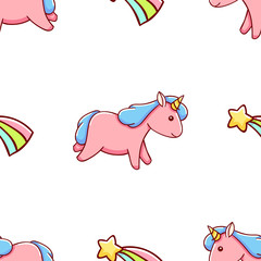 Seamless pattern, cute kawaii hand drawn pink unicorn doodles