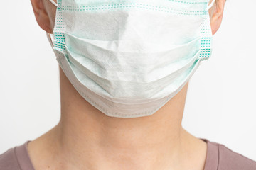 Close-up of a young woman with a surgical mask on her face against SARS-cov-2. Beautiful Women In A Medical Mask.