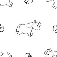 Seamless pattern, black and white cute hand drawn horse doodle, coloring pages