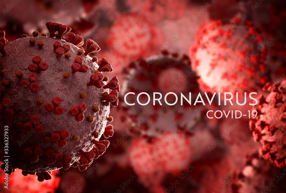Poster microscope close-up of the coronavirus covid-19 disease. 2019-ncov spreading in body. 3d rendering o