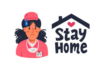 Stay home. Tired Young nurse in pink scrubs and stay home sign. Medical team in conditions of coronavirus pandemic, covd-19 quarantine. Flat style vector illustration.