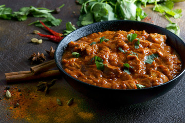 chicken curry with spices on a dark background