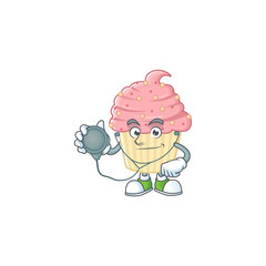 A dedicated Doctor strawberry cupcake Cartoon character with stethoscope