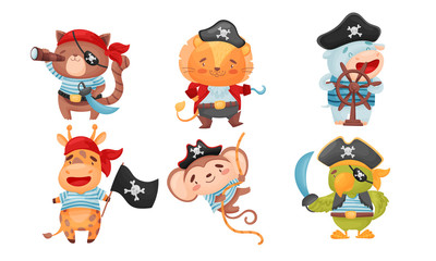 Animals Pirates with Bandana and Eye Patch Vector Set