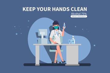 Doctor present Wash hand sanitizer gel bottle with alcohol. Covid-19 prevention. Coronavirus hand sanitizer advice.