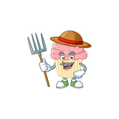Mascot design style of Farmer strawberry cupcake with hat and pitchfork
