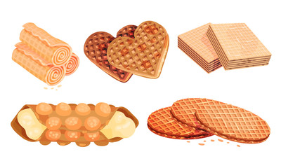 Rolled and Layered Waffle or Wafer Desserts Vector Set
