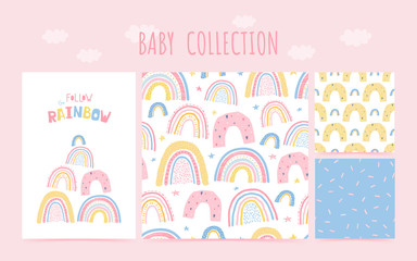 Cute baby collection seamless pattern with rainbow and lettering poster Follow the rainbow. Background in hand drawn style for children's room design, poster, wallpaper, textile. Vector illustration