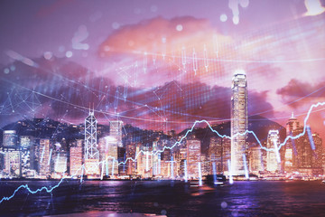 Double exposure of forex chart drawings over cityscape background. Concept of success.