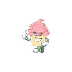 Mascot design style of strawberry cupcake showing Thumbs up finger