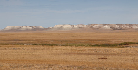dry steppe, white hills on the horizon with white clay