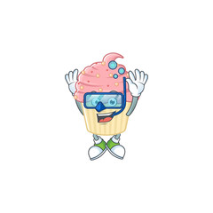Mascot design concept of strawberry cupcake wearing Diving glasses