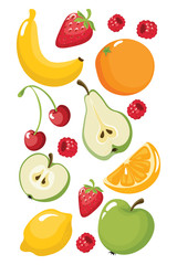 Funny fruits banana, orange, strawberry, apple, pear, lemon, cherry, raspberries. Juicy food