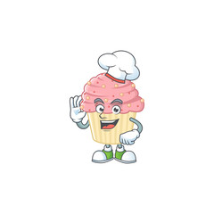 Strawberry cupcake cartoon design style proudly wearing white chef hat